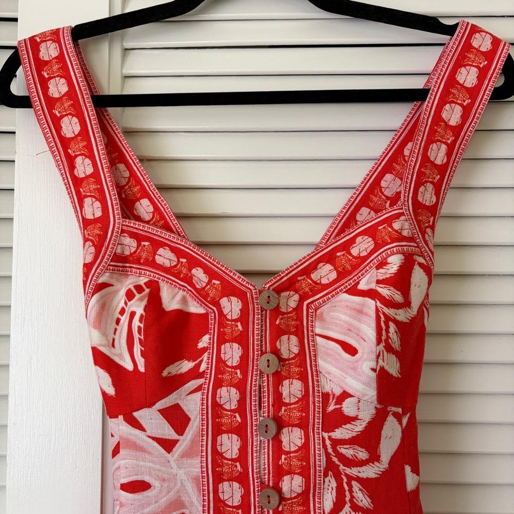 Farm Rio Vermillion Monstera Print 100% Linen Mini Dress Button Front Sz XS - Picture 4 of 13